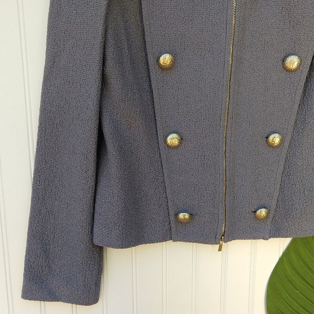 St. John Santana Knit Military Blazer Size 10 Gray Lavender Button Zip Front - Picture 5 of 10